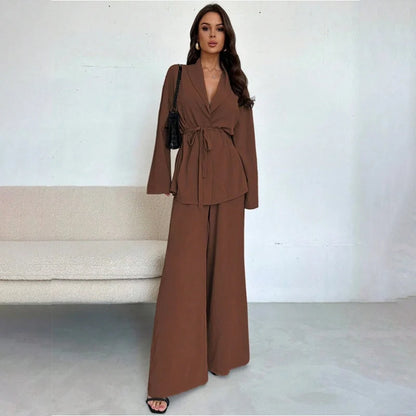 Women's V-Neck Tie-Waist Wide-Leg Set