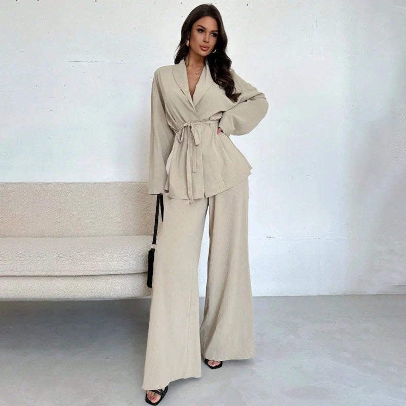 Women's V-Neck Tie-Waist Wide-Leg Set