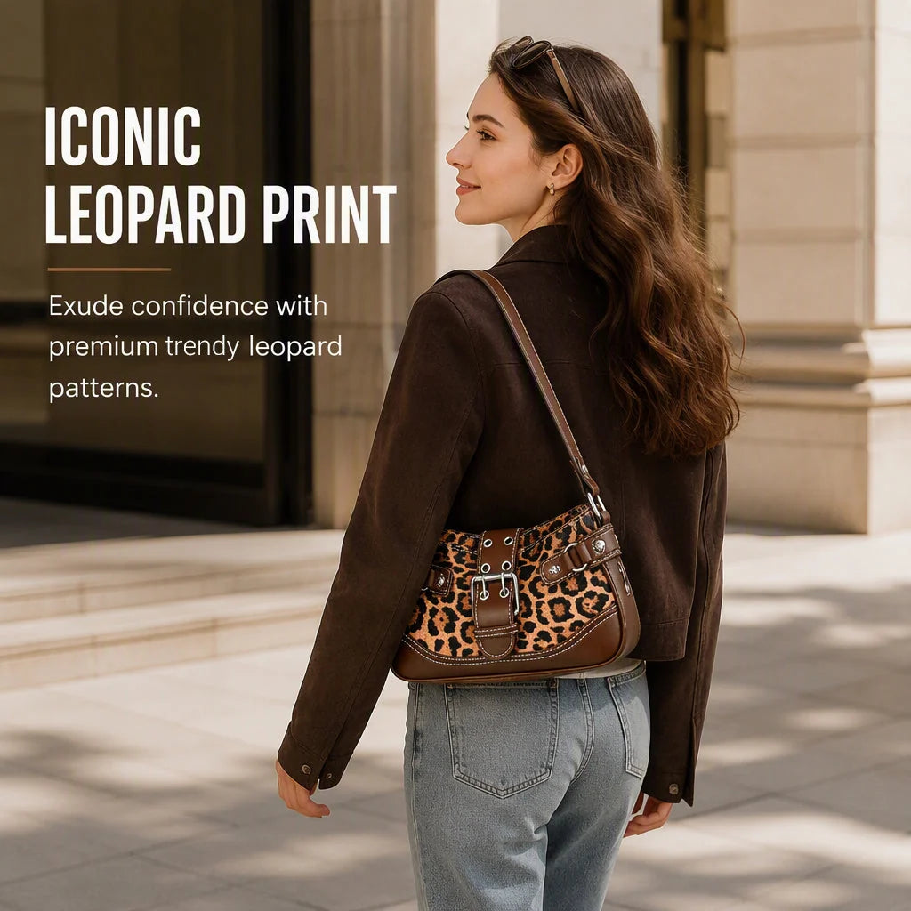 Women's Leopard Print Rivet Shoulder Bag