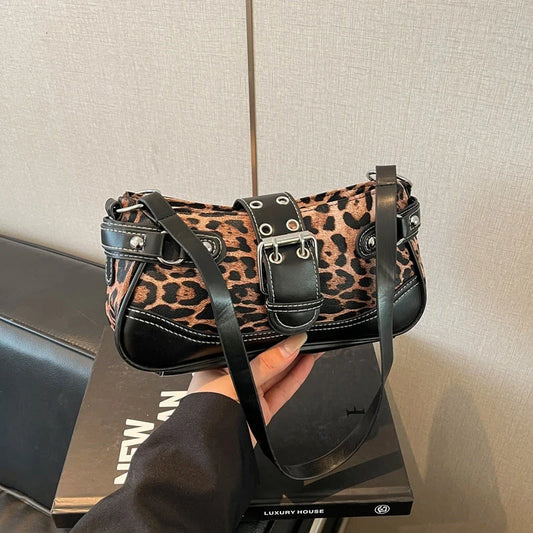 Women's Leopard Print Rivet Shoulder Bag