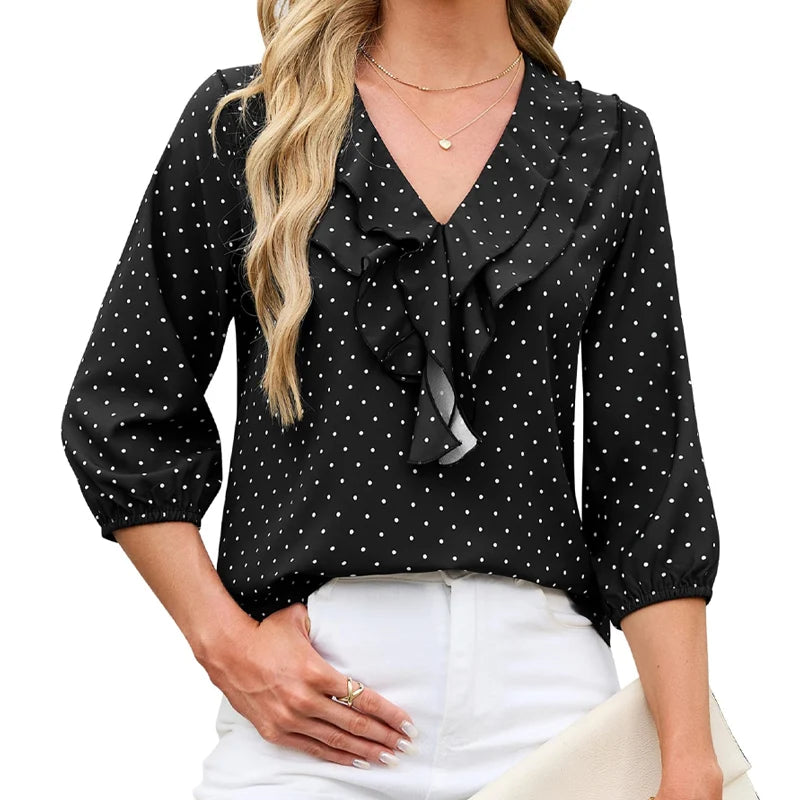 Women's Polka Dot Ruffle Neck Top