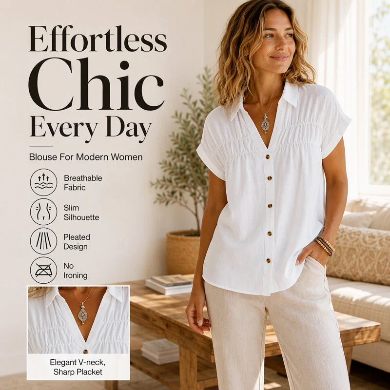 Women's Pleated V-Neck Short Sleeve Top