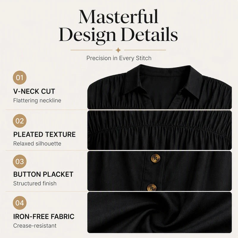 Women's Pleated V-Neck Short Sleeve Top