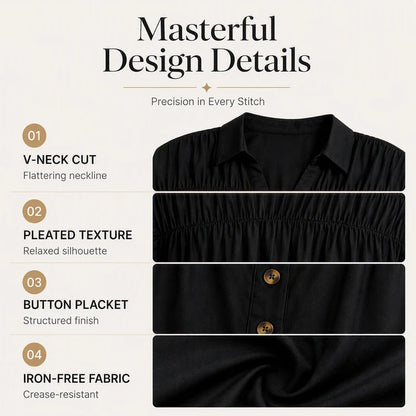 Women's Pleated V-Neck Short Sleeve Top