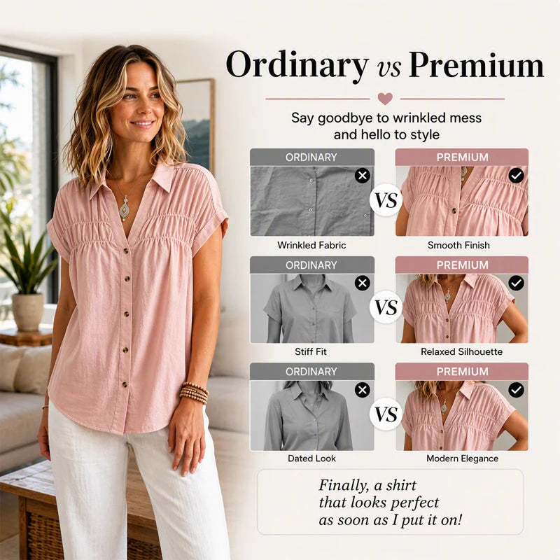 Women's Pleated V-Neck Short Sleeve Top