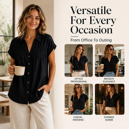 Women's Pleated V-Neck Short Sleeve Top