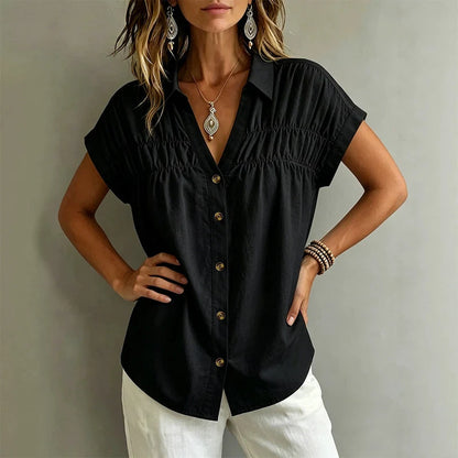 Women's Pleated V-Neck Short Sleeve Top
