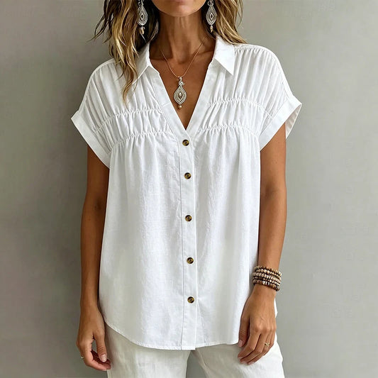 Women's Pleated V-Neck Short Sleeve Top