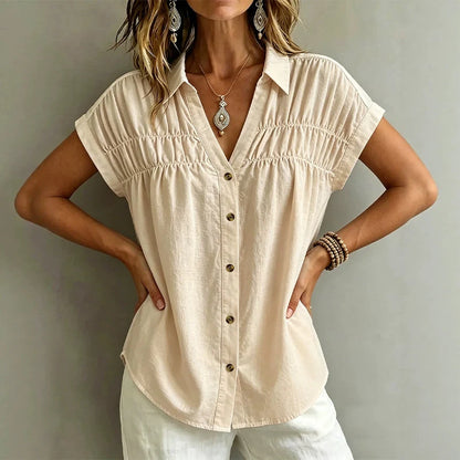 Women's Pleated V-Neck Short Sleeve Top