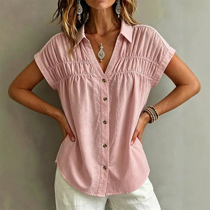 Women's Pleated V-Neck Short Sleeve Top