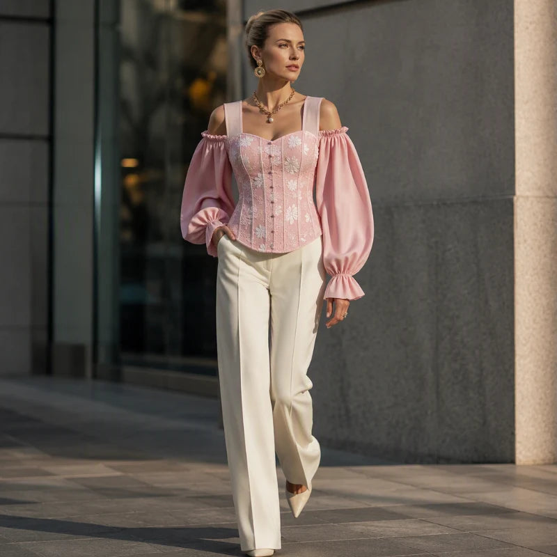 Women's Floral Jacquard Cold Shoulder Top
