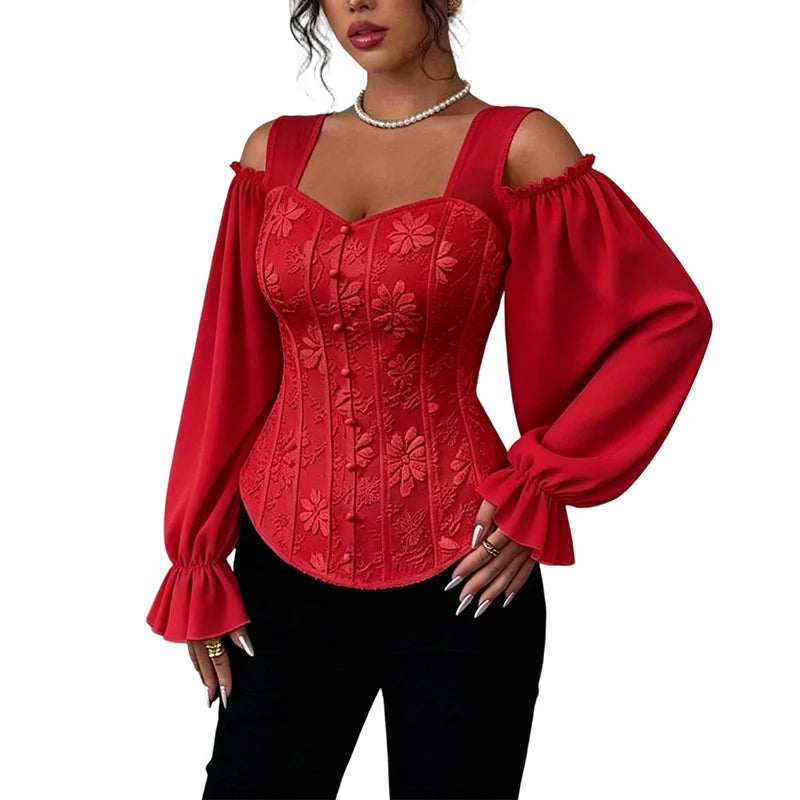 Women's Floral Jacquard Cold Shoulder Top