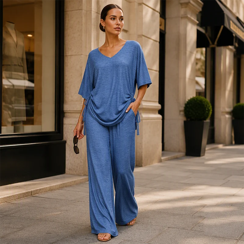 Women's Drawstring V-Neck Top & Wide Leg Trouser Set
