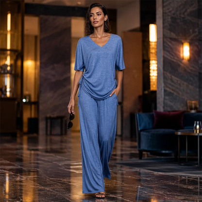 Women's Drawstring V-Neck Top & Wide Leg Trouser Set