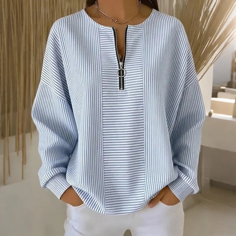 Women's Striped Zip Neck Long Sleeve Top