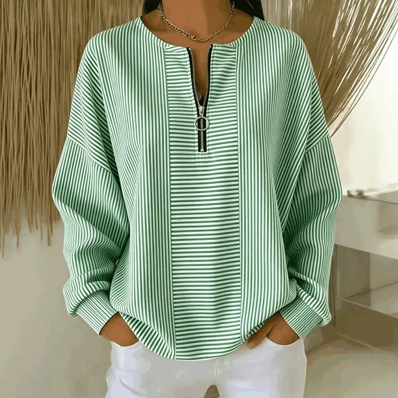 Women's Striped Zip Neck Long Sleeve Top