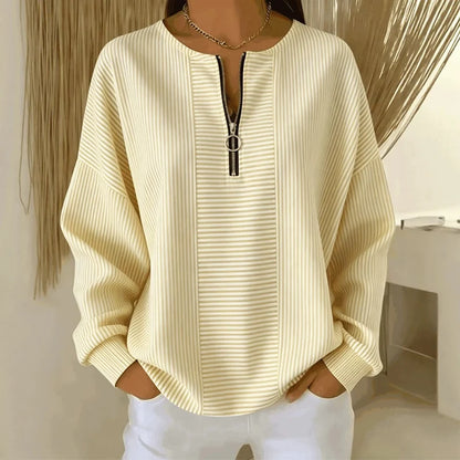 Women's Striped Zip Neck Long Sleeve Top