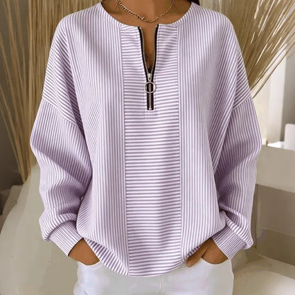 Women's Striped Zip Neck Long Sleeve Top