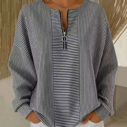 Women's Striped Zip Neck Long Sleeve Top