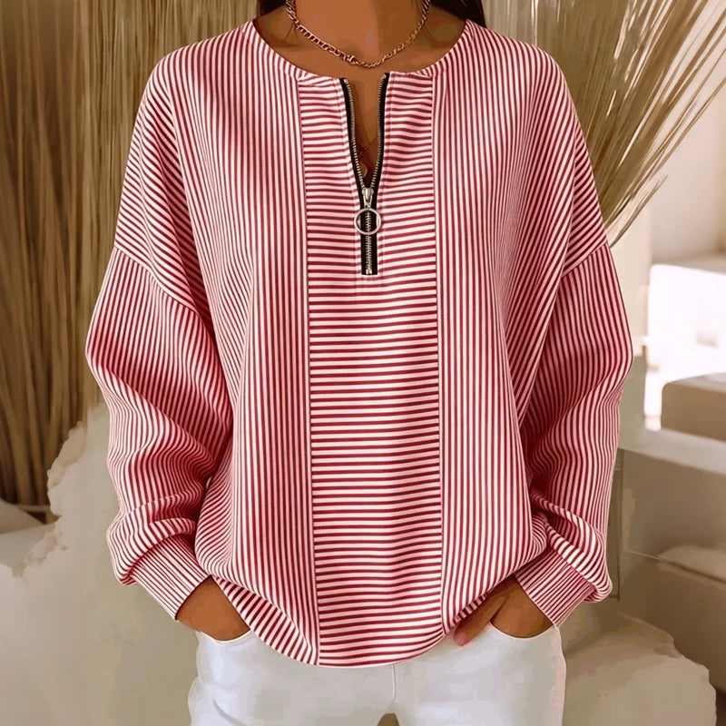 Women's Striped Zip Neck Long Sleeve Top