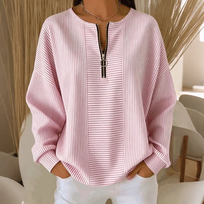Women's Striped Zip Neck Long Sleeve Top