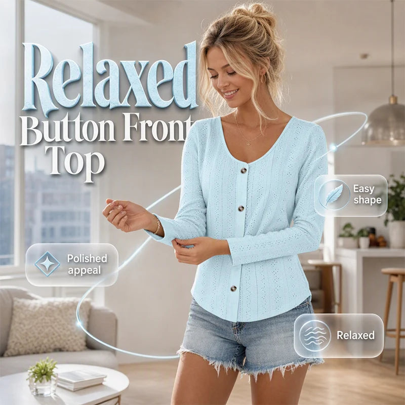 Women's Pointelle Button Detail Long Sleeve Top