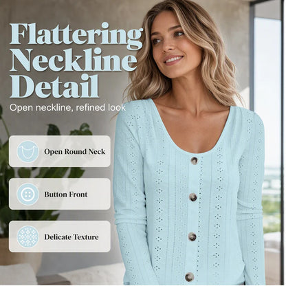 Women's Pointelle Button Detail Long Sleeve Top