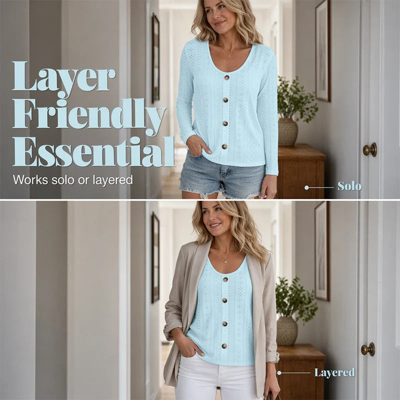 Women's Pointelle Button Detail Long Sleeve Top