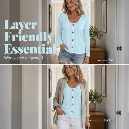 Women's Pointelle Button Detail Long Sleeve Top
