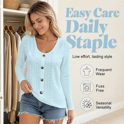Women's Pointelle Button Detail Long Sleeve Top