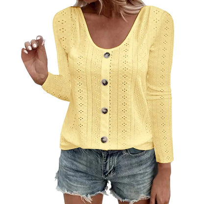 Women's Pointelle Button Detail Long Sleeve Top