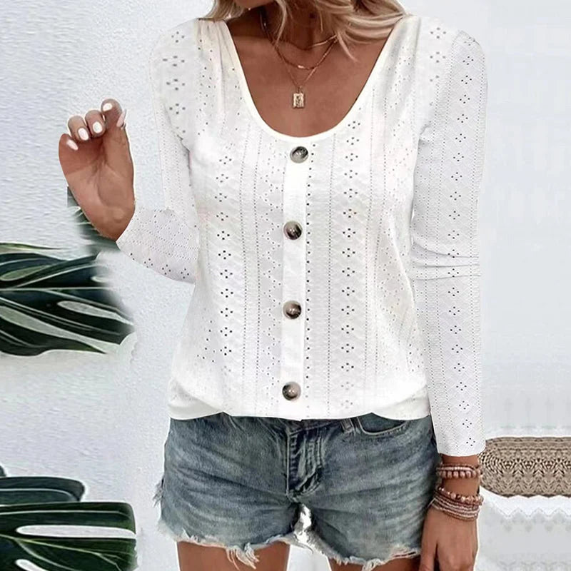 Women's Pointelle Button Detail Long Sleeve Top