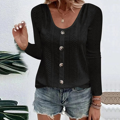 Women's Pointelle Button Detail Long Sleeve Top