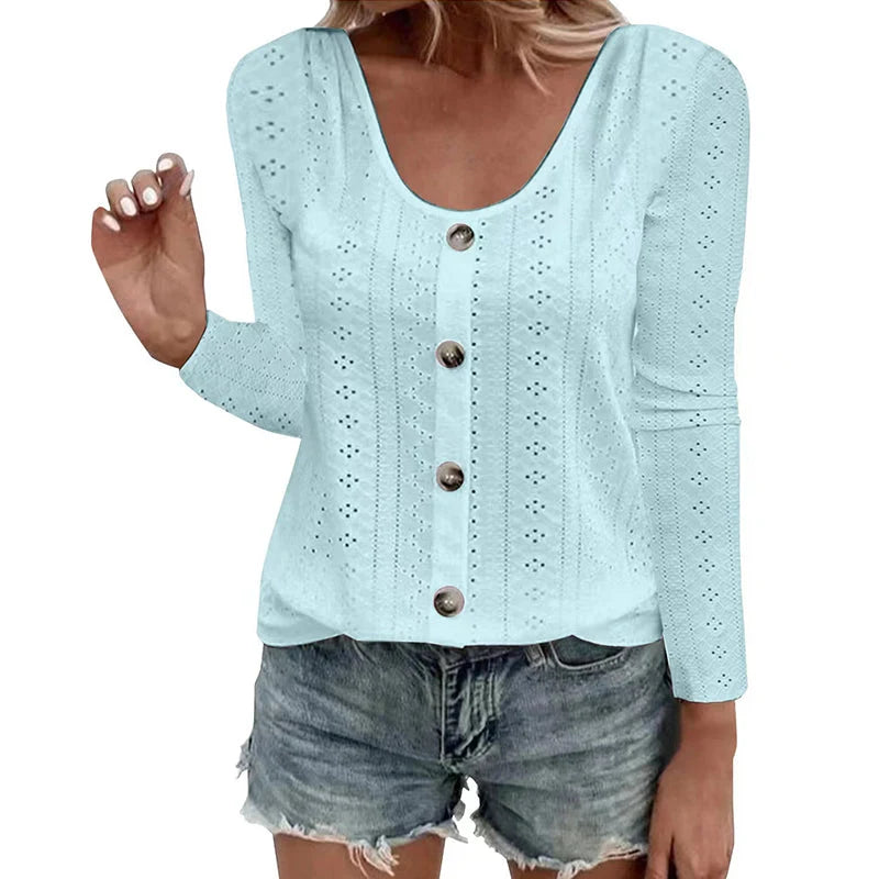 Women's Pointelle Button Detail Long Sleeve Top