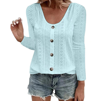 Women's Pointelle Button Detail Long Sleeve Top