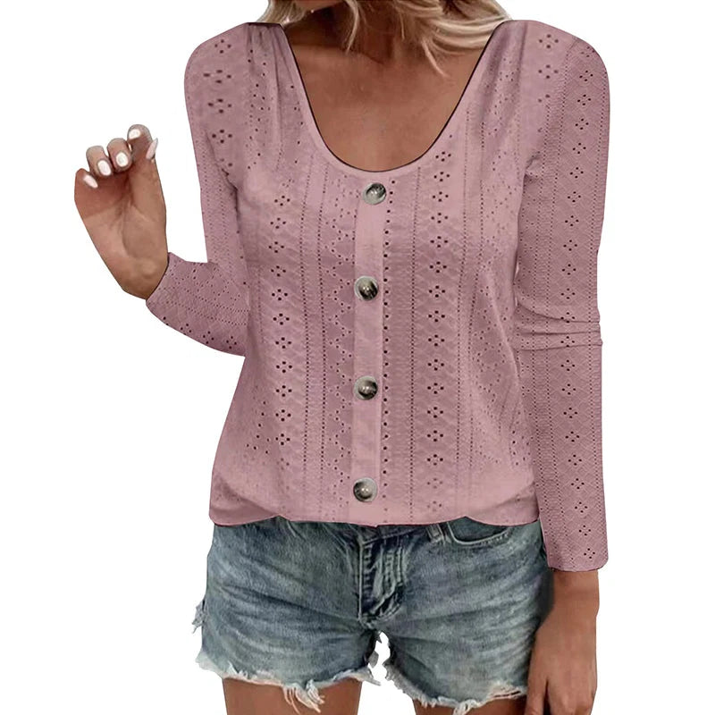 Women's Pointelle Button Detail Long Sleeve Top