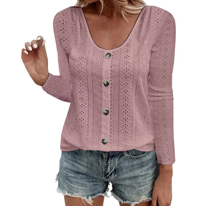 Women's Pointelle Button Detail Long Sleeve Top