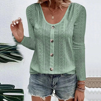 Women's Pointelle Button Detail Long Sleeve Top