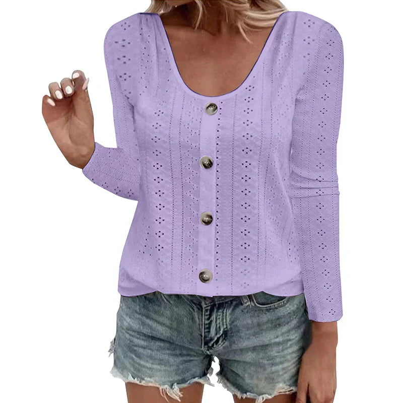 Women's Pointelle Button Detail Long Sleeve Top