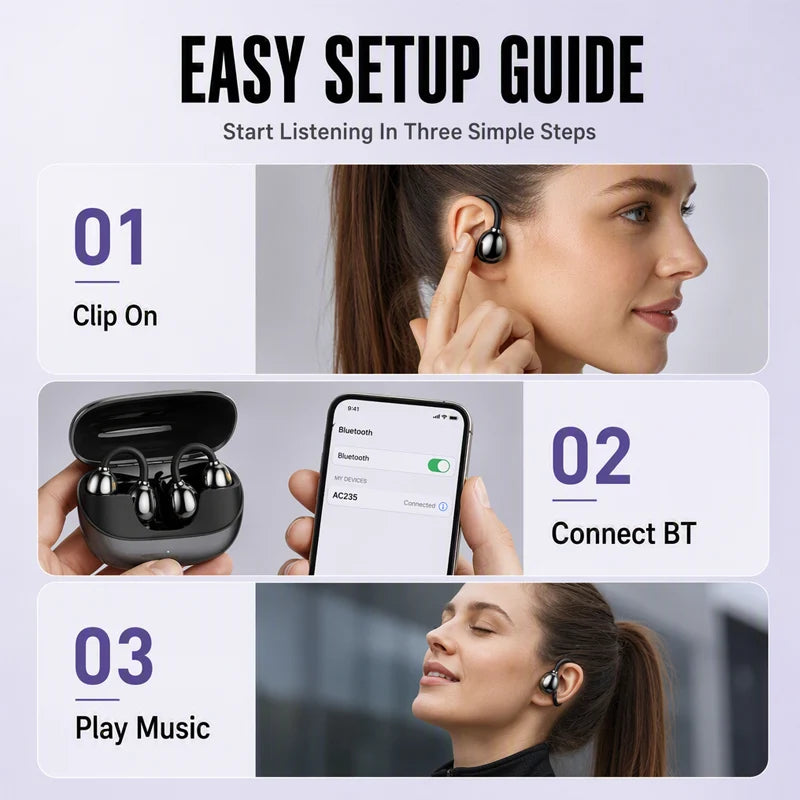 Open Ear Wireless Clip On Earbuds