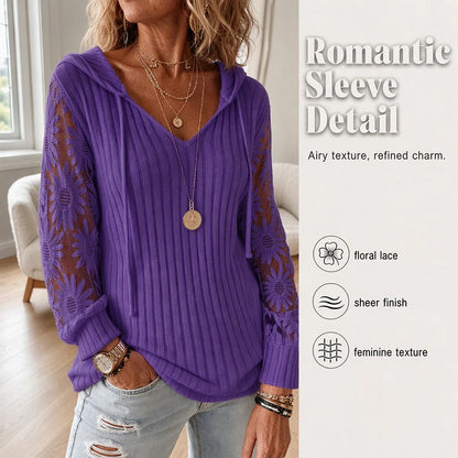 Women's Lace Sleeve Hooded Knit Top