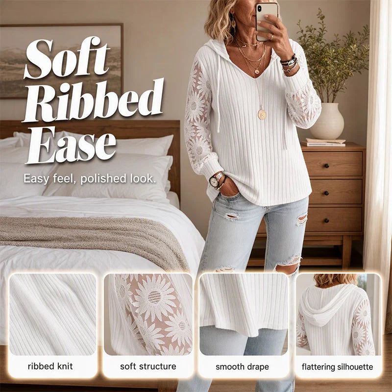 Women's Lace Sleeve Hooded Knit Top