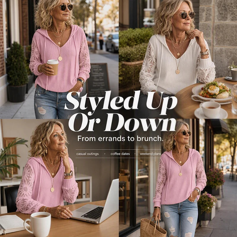 Women's Lace Sleeve Hooded Knit Top