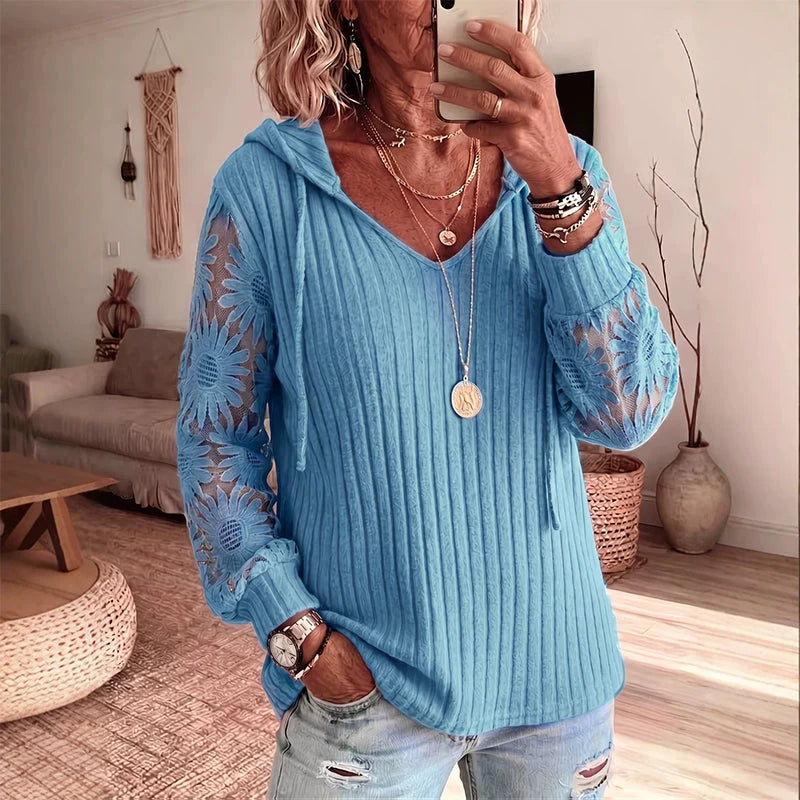 Women's Lace Sleeve Hooded Knit Top