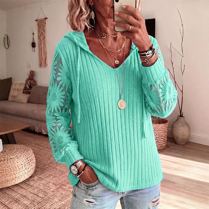 Women's Lace Sleeve Hooded Knit Top