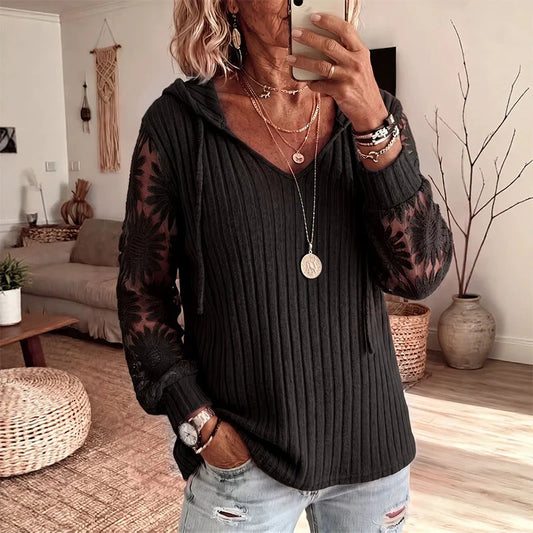 Women's Lace Sleeve Hooded Knit Top