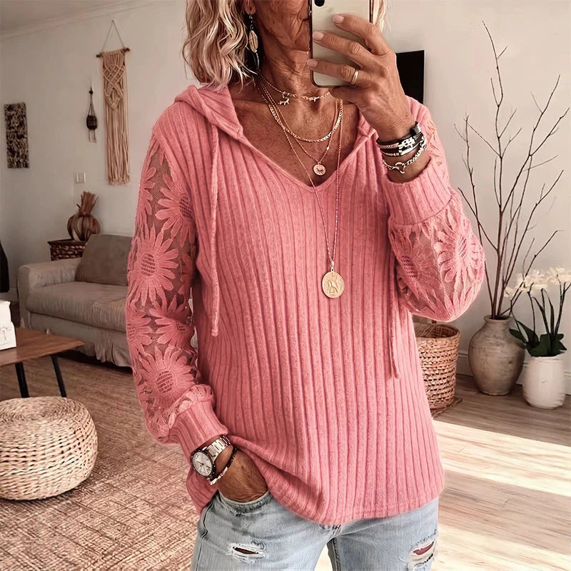 Women's Lace Sleeve Hooded Knit Top
