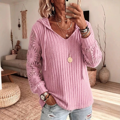 Women's Lace Sleeve Hooded Knit Top