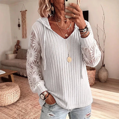 Women's Lace Sleeve Hooded Knit Top