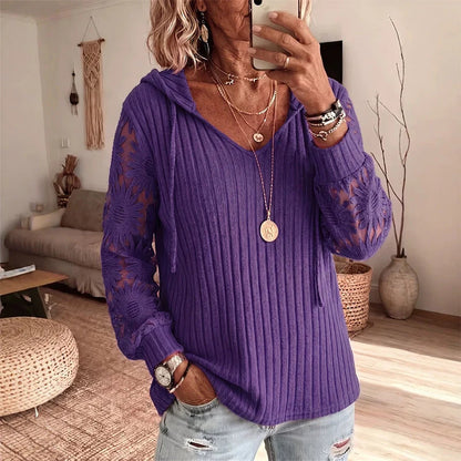 Women's Lace Sleeve Hooded Knit Top